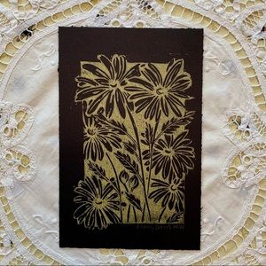 DAISIES IN GOLD - ORIGINAL ART- Lino cut print